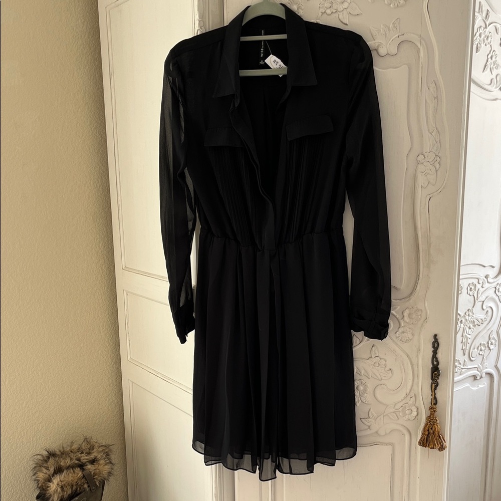 W118 by Walter Baker Black Long-Sleeve Shirt Dress/ sheer shirt dress VINTAGE